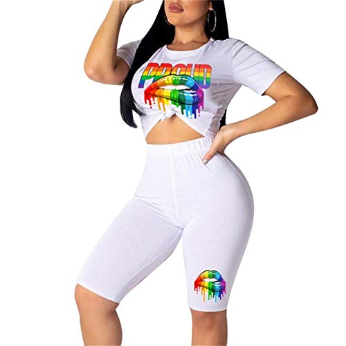 Womens Print Two Piece Sweatsuit Crew Neck Short Sleeve Crop Top and Skinny Short Pants Sets