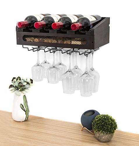 SODUKU Wall Mounted Wooden Wine Rack 4 Wine Bottles and 4 Long Stem Glasses Holder Wine Cork Storage Rack Espresso