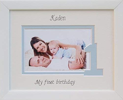 Baby Girl/Boy My First Birthday Photo Frame, 9 x 7 White, Landscape (Blue inner border - One)