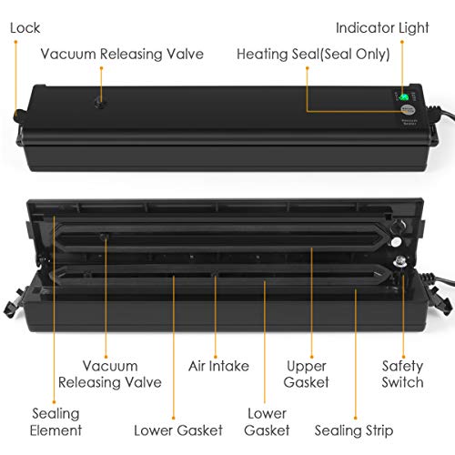 Vacuum Sealer Machine, Cakie Vacuum Sealing System Portable Automatic Mini with Double Capacitor Design Send 25 Sealing Bags for Dry and Wet Food Preservation
