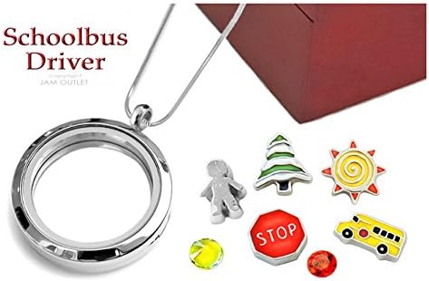 SCHOOL BUS DRIVER 30mm Memory Locket Pendant Set, Floating Charms and Sterling Plated Necklace