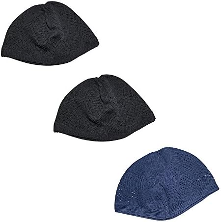 Kufi Hats for Men Prayer Cap Bundle White Black Blue Green Tan (2 Black 1 Blue)