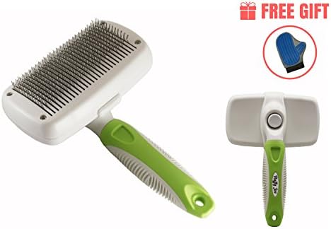 Fluffy Joe Professional Pet Slicker Brush, Self Cleaning Grooming and Massaging Tool for Cats and Dogs, Small or Large with Short or Long Hair, Gentle and Pet Friendly, BONUS - FREE GROOMING GLOVE