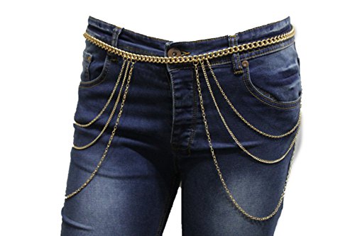 TFJ Women Fashion Belt Hip Waist Gold Metal Chains Side Long Waves Hips S M L