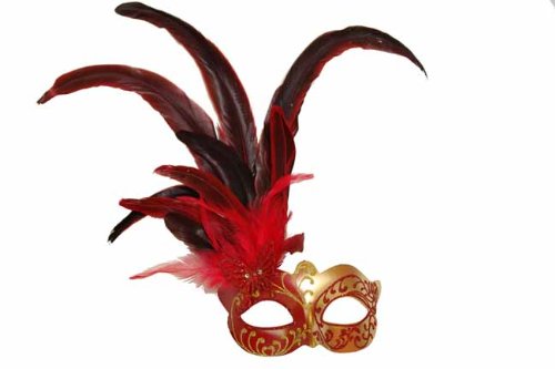 Classic Vintage Venetian Grand Swan Mask Design Laser Cut Masquerade Mask for Mardi Gras Events or Halloween - Red w/ Brilliant Red Feathers