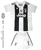 Juventus Soccer Jersey for Kids on Season 2019 - Juventus Ronaldo No.7 - Replica Jersey Kit: Shirt + Short and Includes All Patches and Logos - Soccer KIT for Kids (Original, Size 22 (Medium))