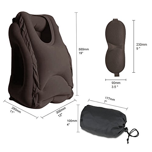 HOMCA Inflatable Travel Pillow - Portable Head Neck Rest Neck Pillow for Airplanes, Cars, Buses, Trains, Office Napping, Camping - Includes Free Eye Mask (Brown)