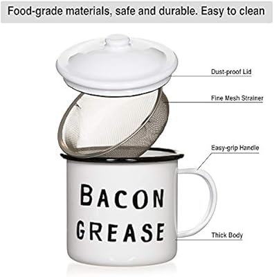 Golden Hills Mercantile Bacon Grease Container With Mesh Strainer Rustic Mid Century Modern Farmhouse Design White Enamel On Metal 4 Inch X 4 Inch Vintage Enamelware With Strainer And Lid Kitchen Tools