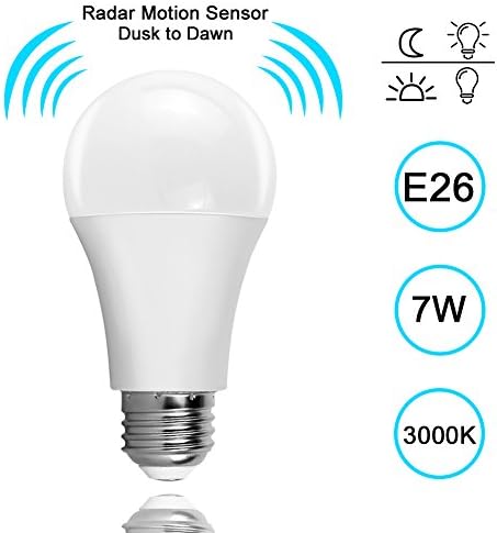Motion Sensor Light Bulb, LAKES Dusk-to-Dawn Security LED Bulbs, 7W Radar Smart Bulb 60W Equivalent, E26 Base Indoor/Outdoor Motion Sensor Night Bulb, 3000K Warm White, Auto On/Off
