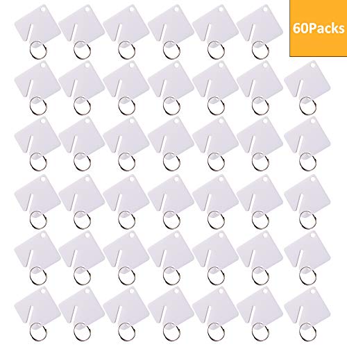 60 Packs Blank Plastic Key Tags Upgrade Round Split Ring Durable Key Identify Tags Bulk Key Tags for Key Cabinet 1.5 inches Square Shaped