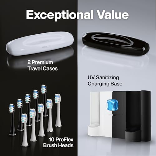 Aquasonic - Duo Series PRO UV Electric Toothbrush | ADA Accepted Electric Toothbrushes with UV Sanitizer | Inductive Charging Base | 5 Modes with Smart Timers | 10 Proflex Brush Heads & 2 Travel Cases