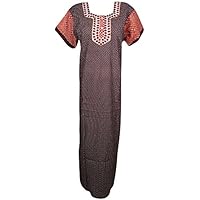 Mogul Interior Women's Night Dress Maroon Embroidered Cotton Caftan Lounge Wear L