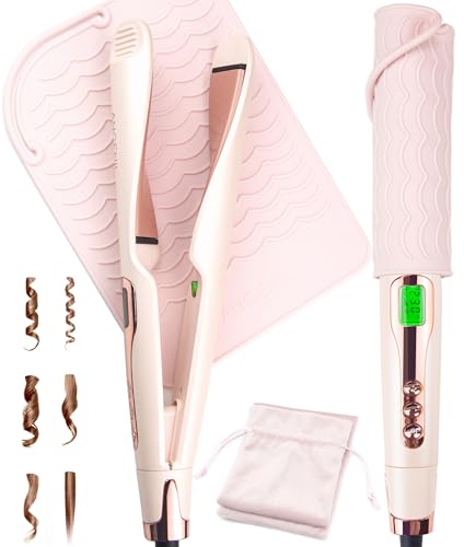 ANGENIL Pro Twist Flat Iron Hair Straightener and Curler 2 in 1, Dual Voltage Hair Iron with Heat Resistant Mat, Round Pink Hair Straightener, 20S Fast Heating, Adjustable 260-450°F for All Hair Types