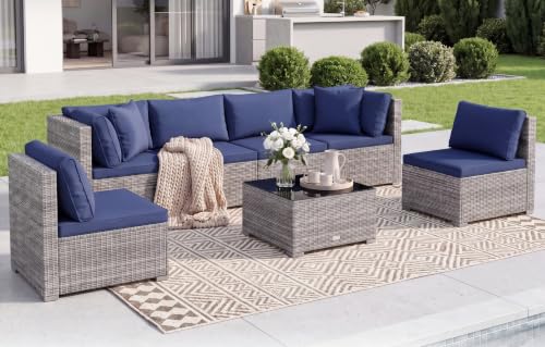 Tangkula 7 Pieces Wicker Patio Furniture Set, Outdoor Sectional Rattan Sofa Set with Seat & Back Cushions, Pillows, Coffee Table, Modular Conversation Set for Backyard, Poolside, Deck & Garden (Navy)