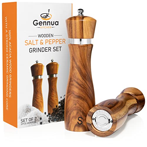 Gennua Kitchen Wooden Salt and Pepper Grinder Set Refillable Salt
