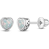 925 Sterling Silver Simulated Opal Heart Shaped Bezel Earrings For Toddlers and Little Girls - Small Valentines Shaped Earrings For Kids - Children's Love Theme Stud Earrings