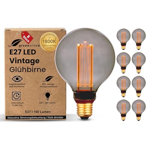 greenandco 8x Vintage Design LED Birne zur Stimmungsbeleuchtung | E27 G95 | smoke | 4W 100lm | 1800K extra warmweiß | 320° | 230V | flimmerfrei | nich