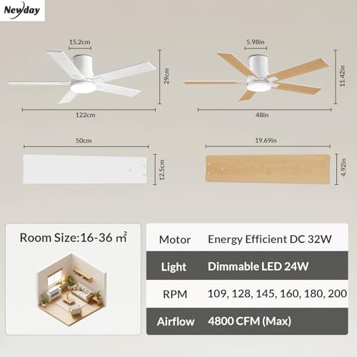 Newday 48inch White Ceiling Fan, Flush Mount Ceiling Fan with Remote Control, Quiet DC Motor, 2 Color Blade, Stepless Dimmable LED 24W, 7 Speed Mode, Memory Function for Bedroom, Living Room