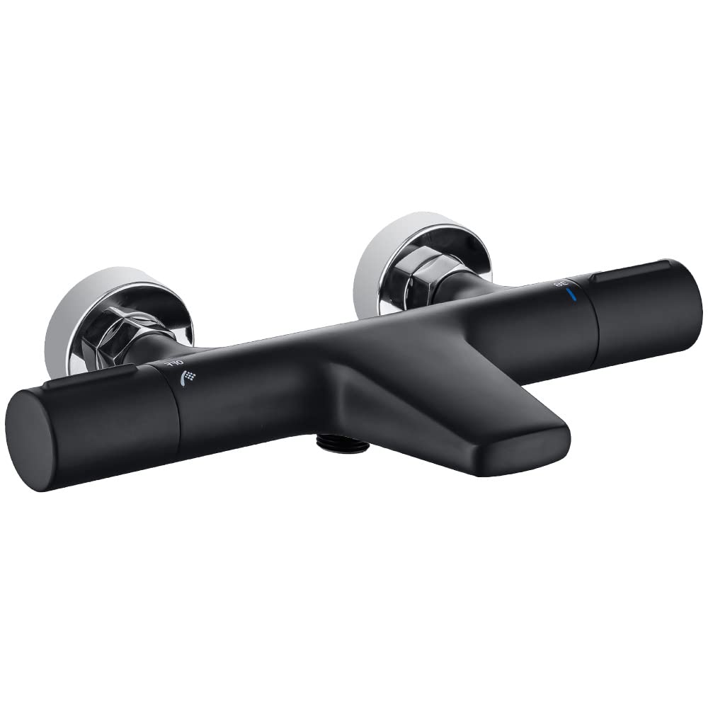 ONECE Thermostatic Mixer Shower and Bath Thermostat with Waterfall Spout, Safety Lock at 38°C, Bathtub Fitting, Thermostatic Shower Mixer, Shower Thermostat, Bath Mixer, Black