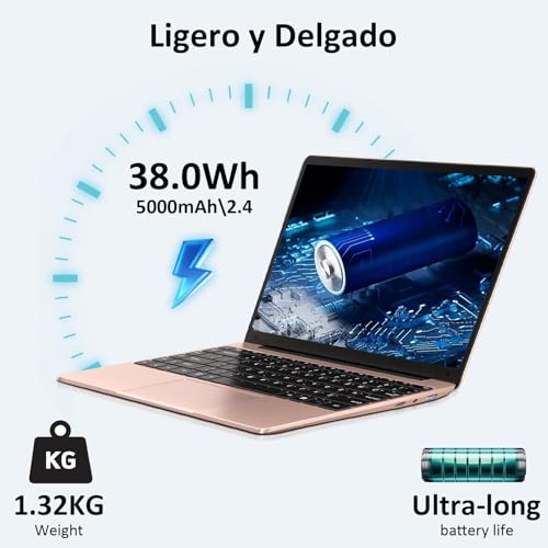 bvate 2026 Ordenador Portátil 14 Pulgadas hasta 2,8 GHz Celeron 256GB SSD PC Portátils Soporta 1TB SSD Expansión con Ratón Inalámbricopara Trabajo-Estudio-Aprendizaje 1080 Mini Puerto Multimedia-Oro