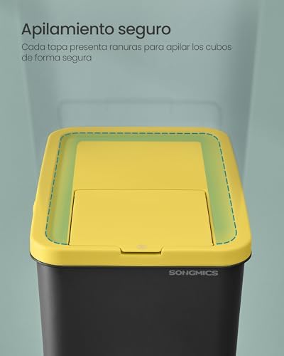 Cubo de Basura, Juego de 3 Cubos Apilables, Papeleras, 20 L Cada, Sistema de Separación Residuos, Tapas Apertura a Presión, Pegatinas, Almacenaje, Amarillo, Azul y Verde LTB763BZ01