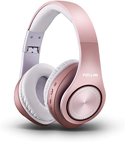 Bluetooth Headphones Over Ear, Pollini Wireless Headset V5.0 with Deep Bass, Soft Memory-Protein Earmuffs and Built-in Mic for iPhone/Android Cell Phone/PC/TV (Rose Gold)