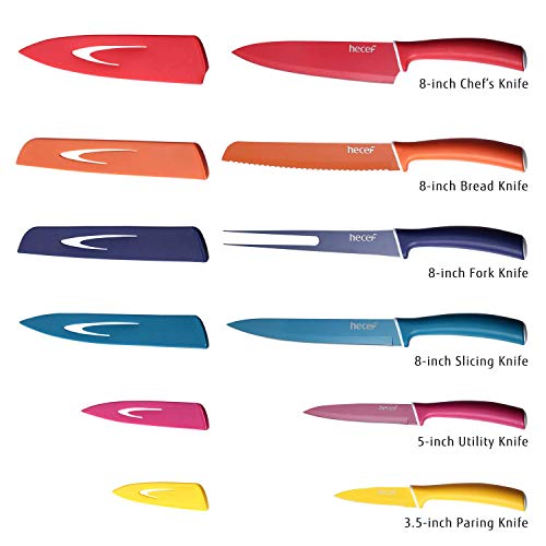 Hecef Colorful Knife Set with Covers,Non-stick Stainless Steel Blade with PP Handle, Includes 8\'\' Chef, 8\'\' Slicing, 8\'\' Bread, 8\'\' Fork, 5\'\' Utility and 3.5\'\' Paring Knife (multi-color)