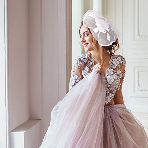 Fascinator Hat Jack & Rose Flower Feather Net Mesh Kentucky Derby Tea Party Headwear with Hair Clip and Hairband for Women or Girls (White)