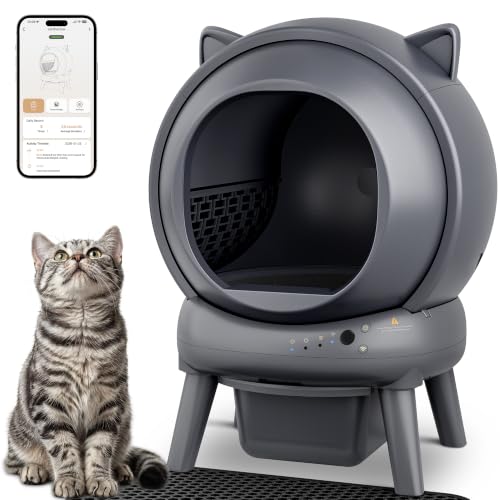 Automatic Self Cleaning Litter Box, Cat Litter Box, Robot Litter Box | APP Control, 65L Globe, Dual Safety Sensors, 1 Roll Garbage Bags, Litter Mat, <35DB, Grey