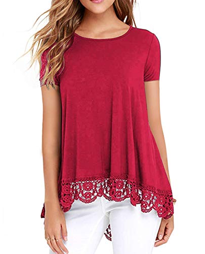 ZEGOLO Women's Tops Short Sleeve Lace Trim O-Neck A-Line Casual Tunic Blouses for Leggings Red Small