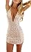 Memorose Womens Sexy Plunging V Neck Sleeveless Sequin Bodycon Halter Mini Dress Gold S