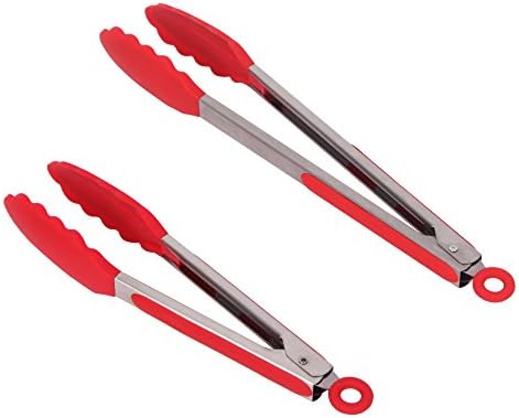CoZroom Silicone Kitchen Tongs 2 Pack for Baking BBQ Cooking Grilling Salad and Serving with Scalloped Steel Heads Coated in Silicone (9-Inch &amp; 12-Inch)
