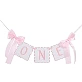Pink Bow Themed "One" High Chair Banner - Pink Bow Girl 1st Party Decoration,Coquette Scalloped Embroidered First Party Cake Smash Prop for Women Baby Shower High Chair Decor