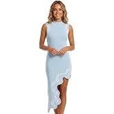 Wave Print Asymmetric Hem Dress for Women Solid Color Sexy Round Neck Knit Bodycon Sleeveless Y2k Midi Dress