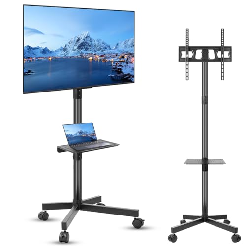 32'' a 65'' Suporte para TV/Monitor com Rodas, Carrinho de TV Móvel Ajustável de Altura Livre, Suporte Pedestal para TV Tela Grande