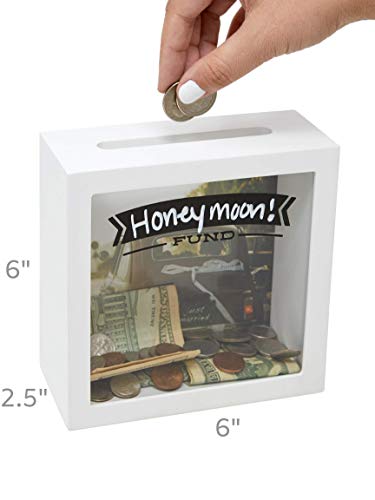 OVIE Adult Piggy Bank - Shadow Box with Wood Frame - Keep in Kitchen to Track Vacation / Honeymoon/ Wedding / Adventure Funds - 6X6 Frames - Clear Glass / Picture Background / Colored Markers