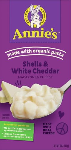 ANNIE’S SHELLS AND WHITE CHEDDAR, MADE WITH ORGANIC PASTA AND REAL CHEESE, 6 OZ