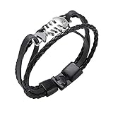 TEMICO Men's Vintage Leather Bracelet Stainless Steel Fish Bone Braided Rope Bracelet Bangle, 7.5 inch