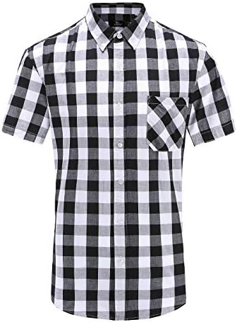 Emiqude Men's Casual Slim Fit 100% Cotton Short Sleeve Plaid Dress Shirt