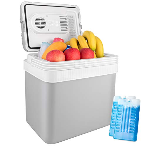 Enfriador eléctrico AstroAI de 26 cuartos de galón/24 litros, enfriador termoeléctrico portátil de 12 V CC para bebidas, cerveza, vino, mariscos, frutas, hogar y viajes con 2 bolsas de hielo, lista ETL (gris)