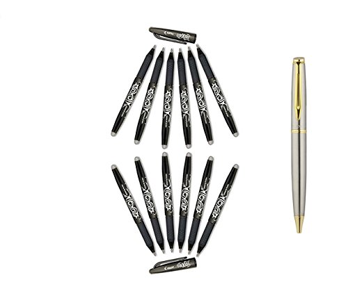 Pilot FriXion Ball 0.7mm Erasable Gel Pens, Fine Point, Black Ink, 12 Pack Bundled with Plexon Metal Roller Pen