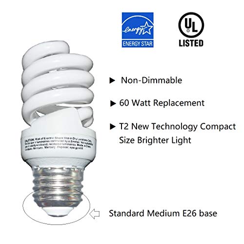 13 Watt Compact Fluorescent Light(60 Watt Equivalent) Soft White 2700K,Spiral Medium Base CFL Light Bulbs (6 Pack)