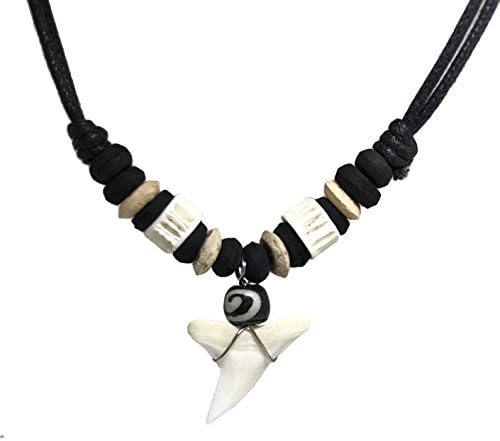 Shark Tooth Rasta Short Beads Necklace Handmade Hawaiian Style Beach Boy Men (White Bone - Nature Bead 2)