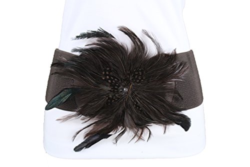 TFJ Women Fashion Wide Elastic Belt Hip High Waist Long Feathers Flower M L XL Brown