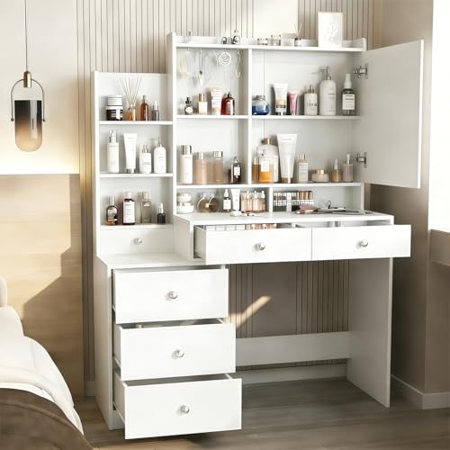 Tocador- Vanity con Espejo Luz LED Mueble para Maquillaje, Tocador de Maquillaje con Estación de Carga Escritorio, Estantes Ocultos, con 6 Cajones y Estantes de Almacenaje para Recamara (Blanco)