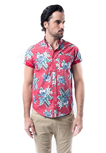 Brooklyn Athletics Men's Vintage Front Pocket Aloha Hawaiian Shirt, Red Floral, Medium