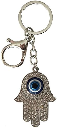 Hamsa Keychain Ring with Carabiner Lock, Blue Evil Eye for Protection and Blessing, Talisman to Absorb Negative Energy, Silver Color