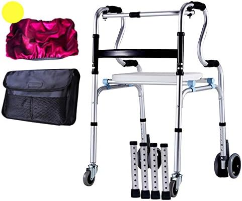 二重使用歩行歩行器 手数料無料 4車輪付き高齢者移動補助 折りたたみ椅子 手弱者に適した丈夫なアルミニウムローラー バスチェアーとブレーキ