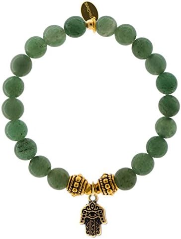 Natural Green Aventurine Gemstone Rope Bead Hamsa Charm Stretch Bracelet