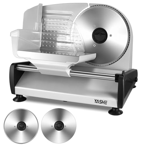 YASHE Electric Slicer, 250W Bread Slicer with 7.5" Serrated and Smooth Blades, Adjustable Thickness (0-15mm), Safety Lock, Non-Slip Feet, Easy to Clean
